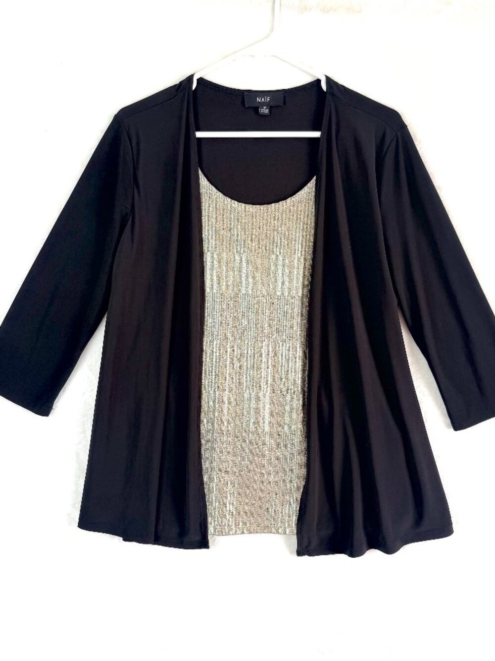 NAIF Twofer Two In One Metallic Tank 3/4 Sleeves Office Dressy Blouse Cardigan M